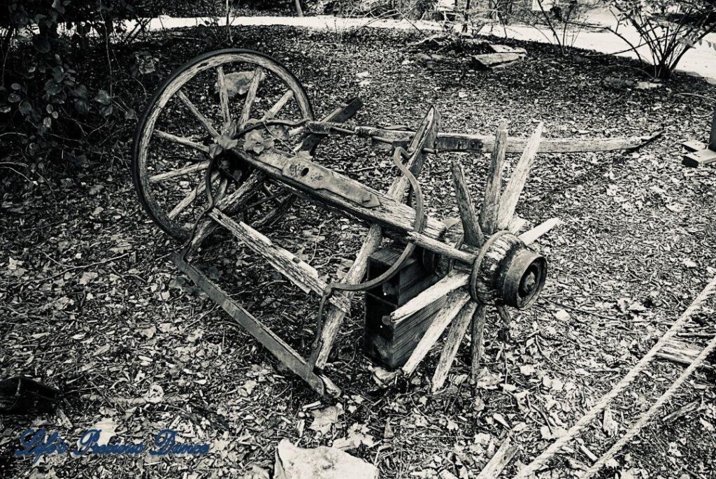 Black and white photo of an old wagon used at Historic Yates Mill