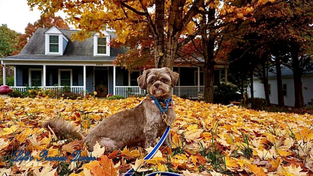 Photoshoot of Huey. Professional pet photography. Dog sitting in colorful leaves, in front of house.