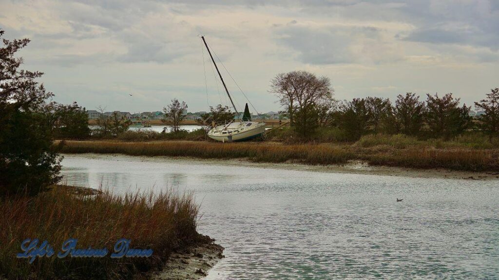 Sailboat resting on the bank of the watershed at Murrells Inlet. Grey cloud above and the water in the foreground.