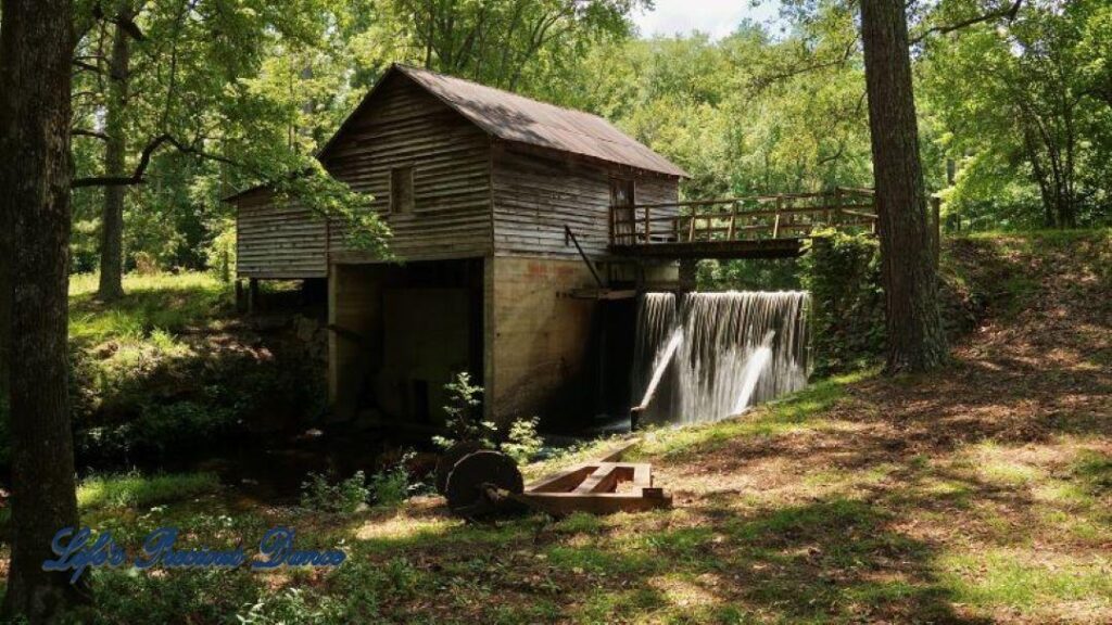 Beautiful Barfield Mill Pond on a gorgeous summer afternoon. Water flowing from the pond down into the creek below.