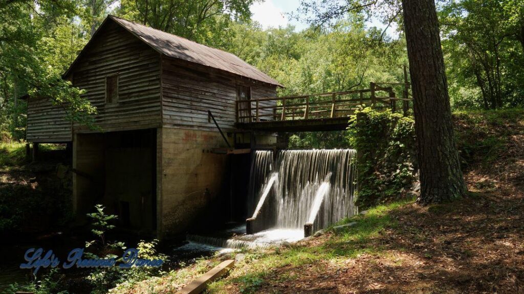 Beautiful Barfield Mill Pond on a gorgeous summer afternoon. Water flowing from the pond down into the creek below.