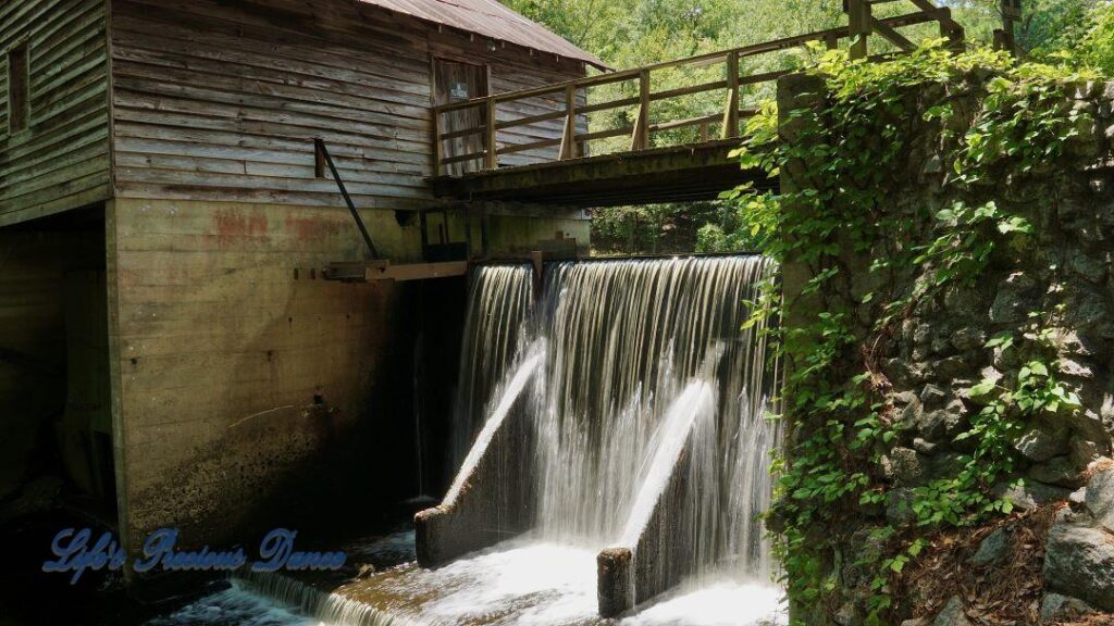 Beautiful Barfield Mill Pond on a gorgeous summer afternoon. Water flowing from the pond down into the creek below.