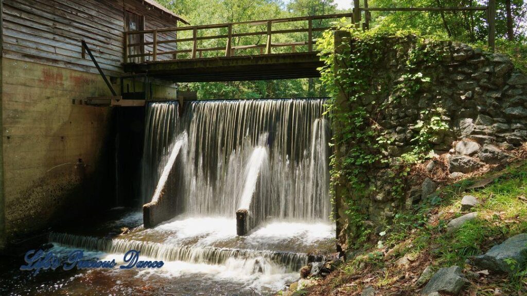 Beautiful Barfield Mill Pond on a gorgeous summer afternoon. Water flowing from the pond down into the creek below.