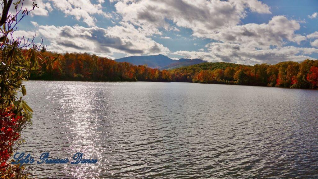 Landscape of Price Lake surrounded by colorful trees and fluffy clouds overhead. A mountain range in the background.