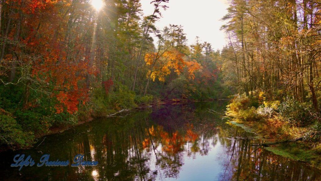 Colorful trees surrounding and reflecting in the Linville River.