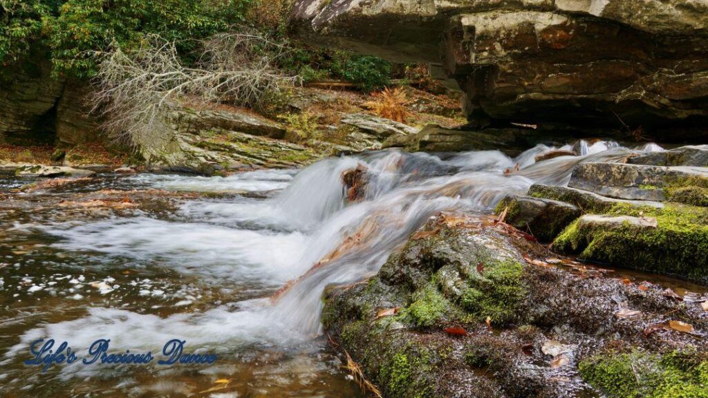 Water spilling through moss covered rocks in the Linville River