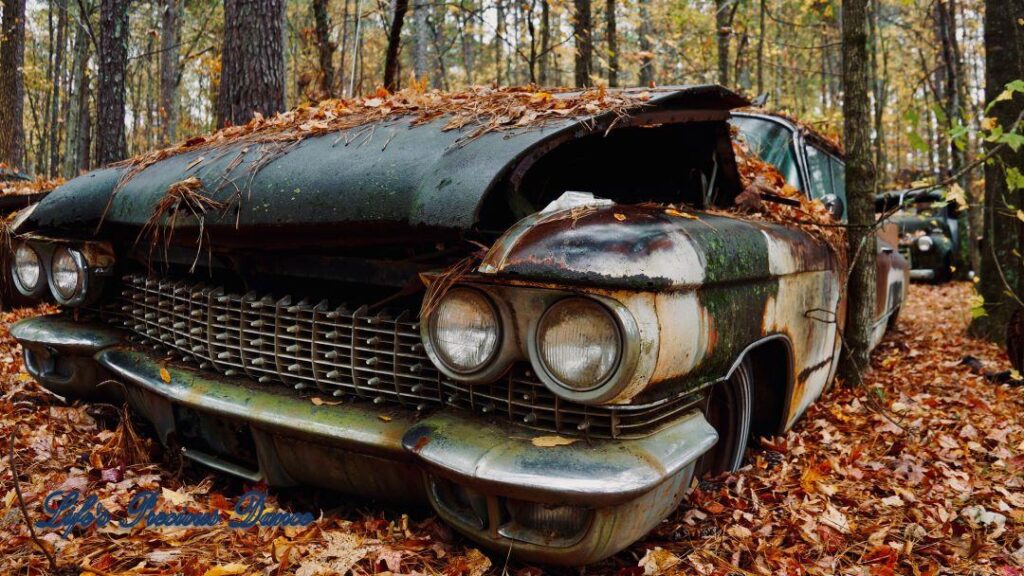 Vintage car rusting away in the woods