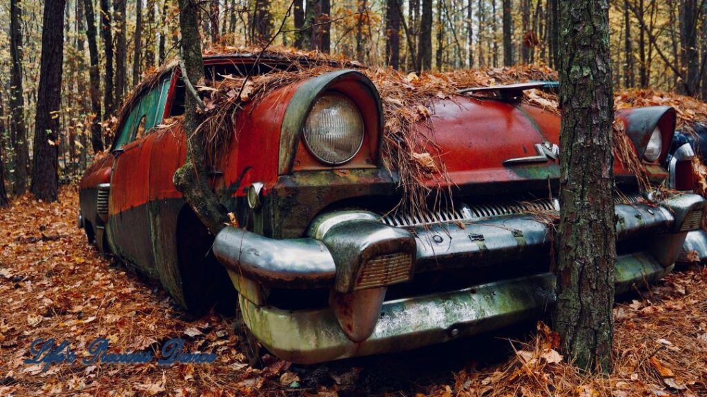 Up close of vintage junk red Mercury with tree growing out of engine.