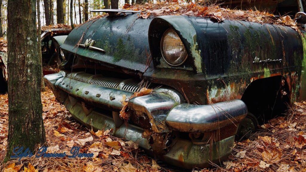 Up close of a vintage black junk Mercury up against a tree.