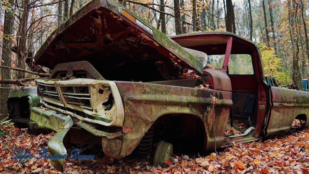 Rusting vintage junk Chevrolet truck with missing door and no tires.