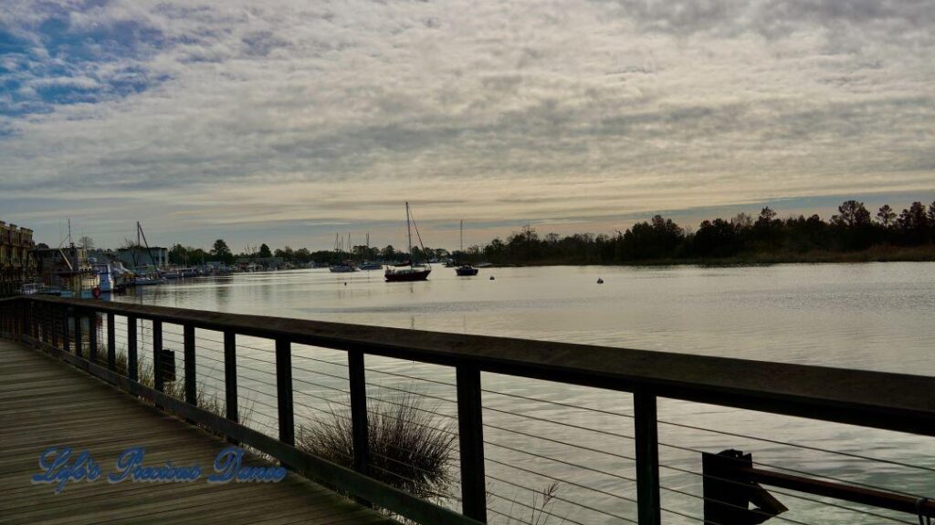 Sailboats resting in the harbor. Clouds overhead and a boardwalk in the foreground.