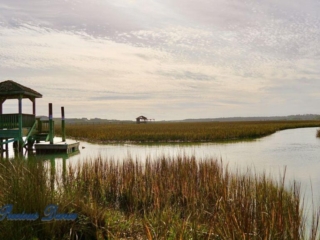 Landscape of the marsh at Pawley's Island. Several piers in the background