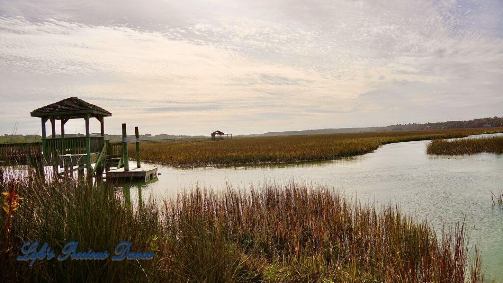 Landscape of the marsh at Pawley&#039;s Island. Several piers in the background