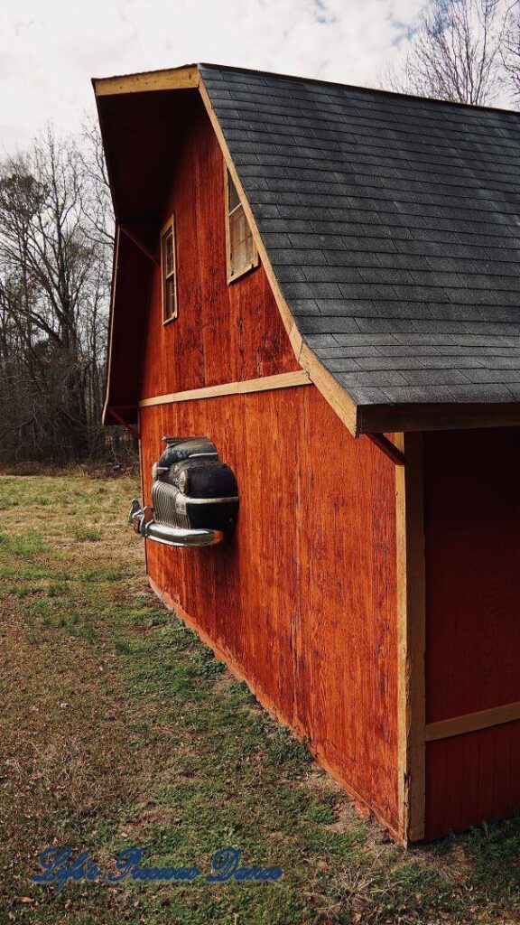 Side view of a rust colored barn with front end of classic DeSoto automobile hood protruding from structure.