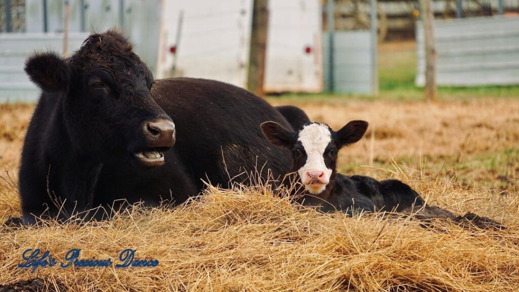 Cow and white faced calf lying in hay. Barn in background.