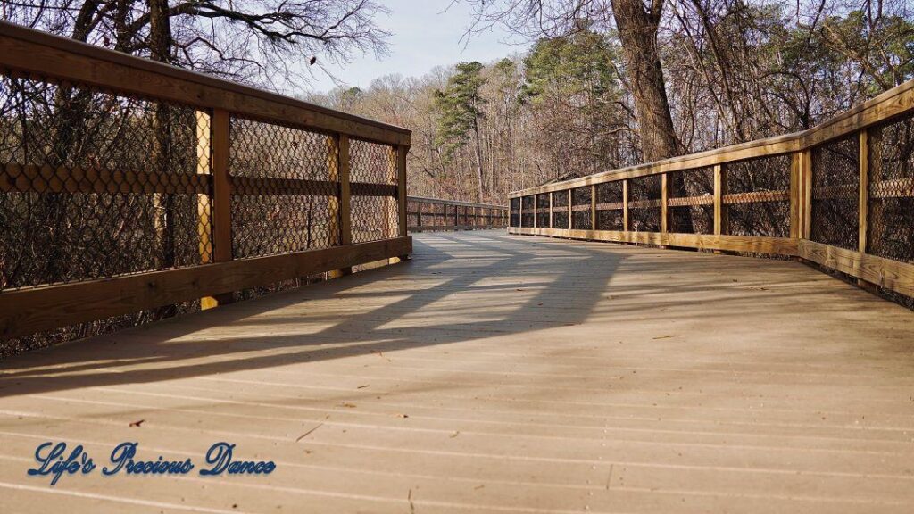 Ground level view, of a wooden pedestrian bridge, crossing Yates Mill Pond.