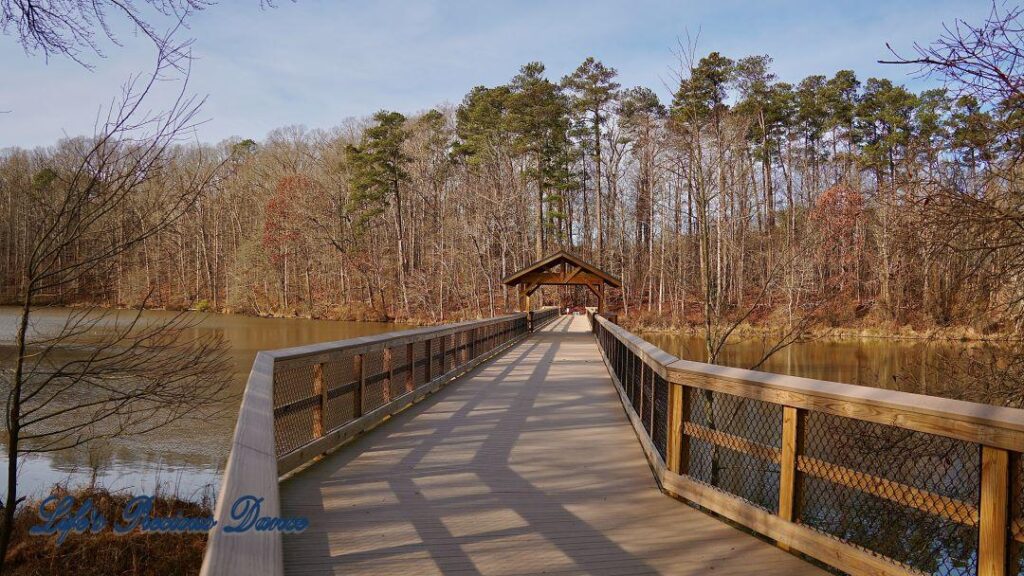 Wooden pedestrian bridge crossing Yates Mill Pond.