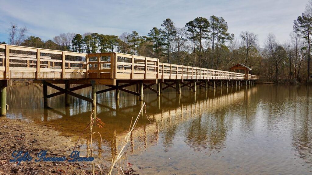 Wooden pedestrian bridge spanning Yates Mill Pond, reflecting in the water.