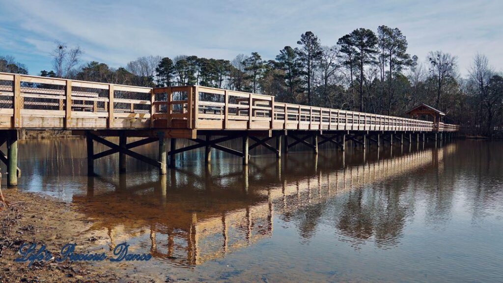 Wooden pedestrian bridge spanning Yates Mill Pond, reflecting in the water.