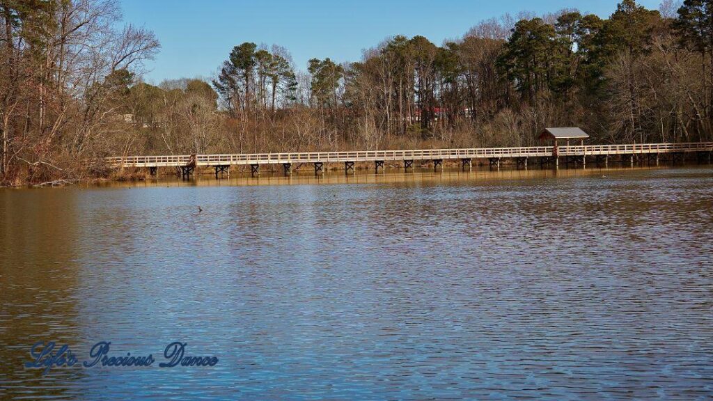 Yates MIll Pond. Wooden pedestrian bridge spanning the water in background.