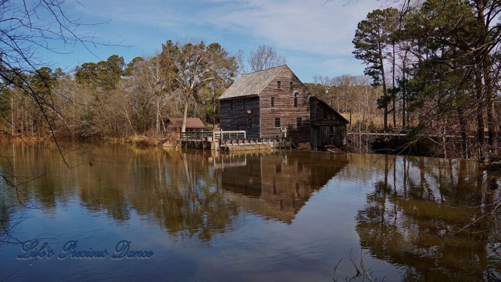 Yates Mill, clouds and surrounding trees reflecting in the pond.