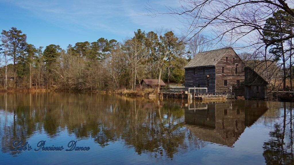 Yates Mill and surrounding trees reflecting in the pond.