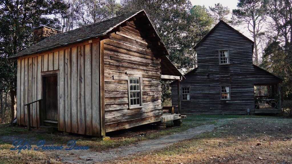 McLendon Cabin and the Bryant House in the late afternoon sun.