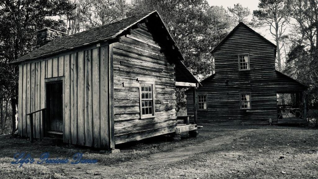 Black and white of McLendon Cabin and the Bryant House.