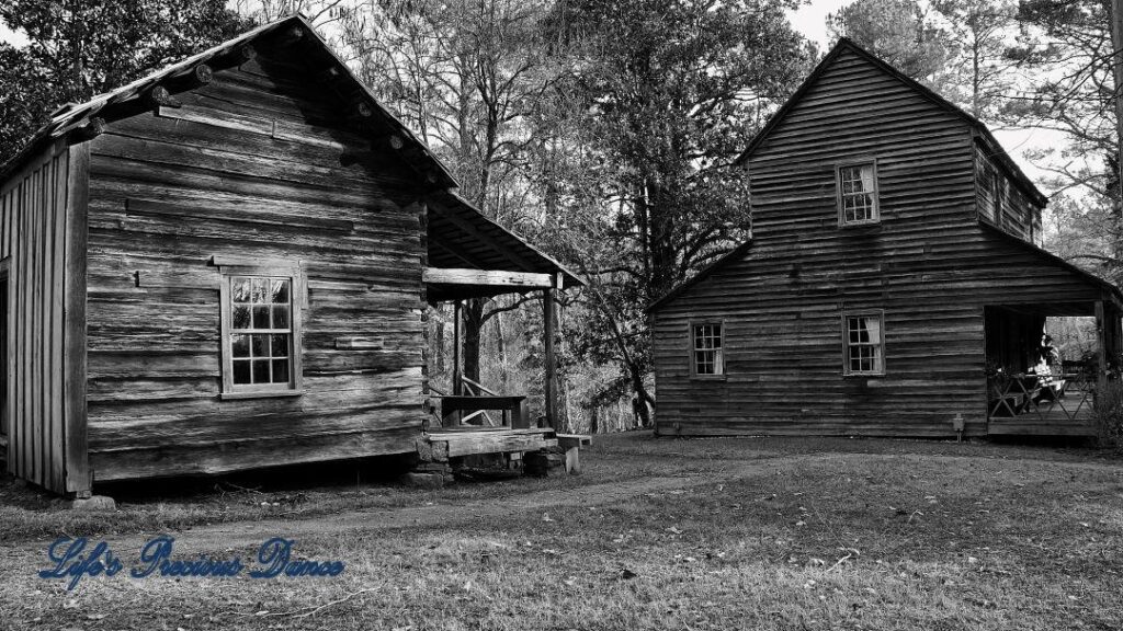 Black and white of McLendon Cabin and the Bryant House in the late afternoon sun.