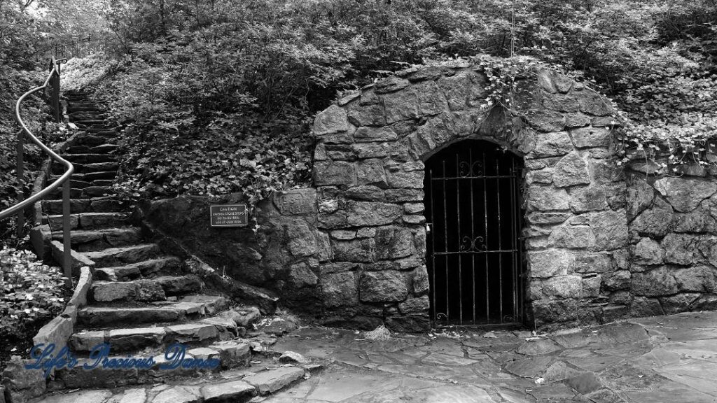 Black and white of the Spring House at Falls Park. Stone arch with a wrought iron gate.