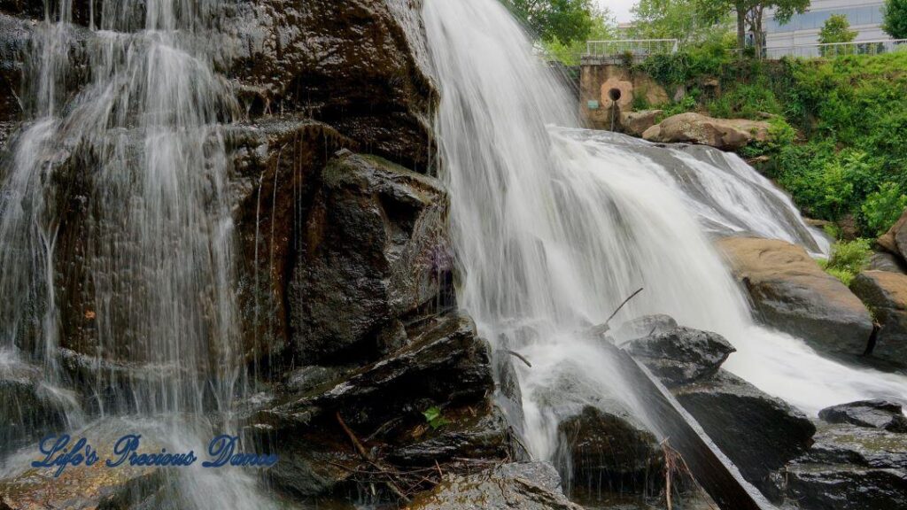 Close up of Reedy Falls cascading down a rock face.