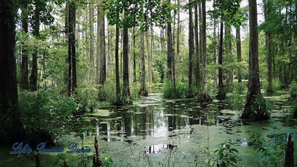 Cypress trees reflecting in the swamp.