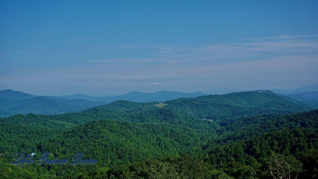 Landscape view from the Blue Ridge Parkway of the valleys and mountains below.