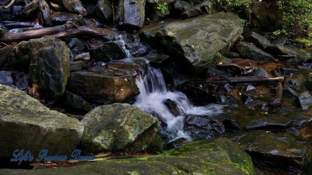 Water flowing through and spilling over rocks into a mountain stream.