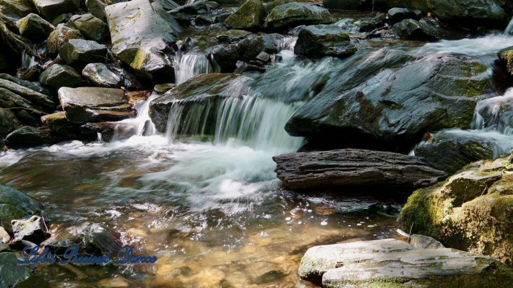 Mountain stream cascading over rocks into a pool of water.