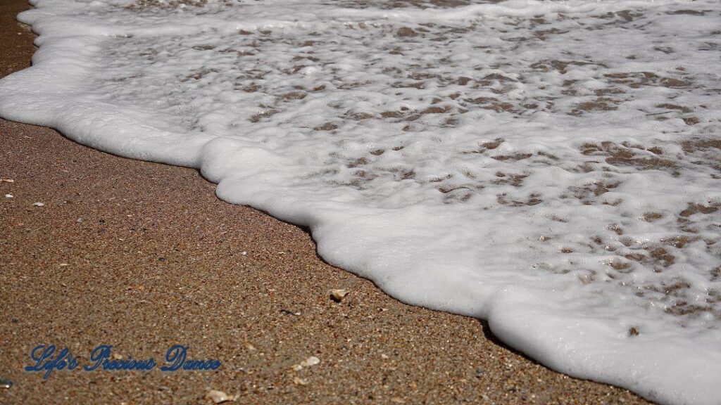 Foamy ocean water rolling up on beach.