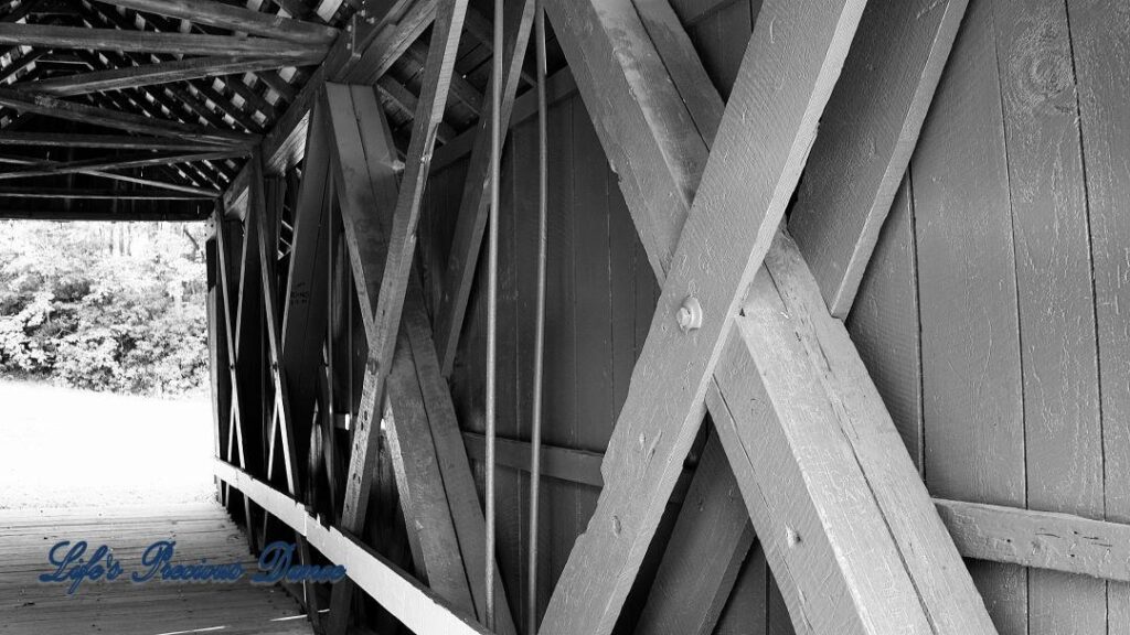 Black and white of inside wall of Campbell&#039;s Covered Bridge.