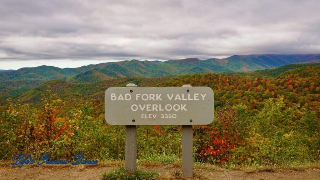 Landscape view of the colorful trees of the Blue Ridge Mountains. Overcast skies overhead.