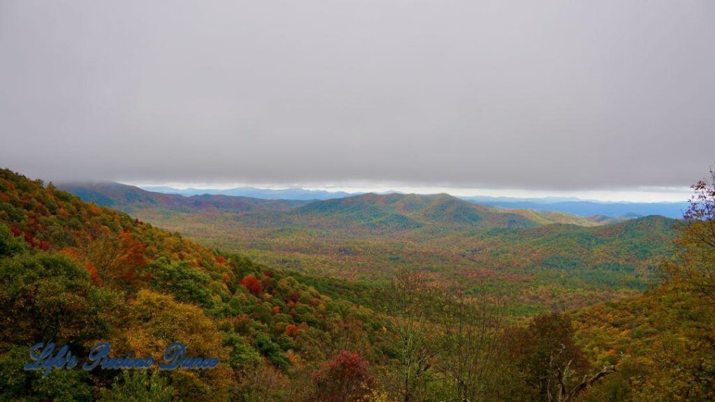 Landscape view of the colorful trees of the Blue Ridge Mountains. Overcast skies overhead.