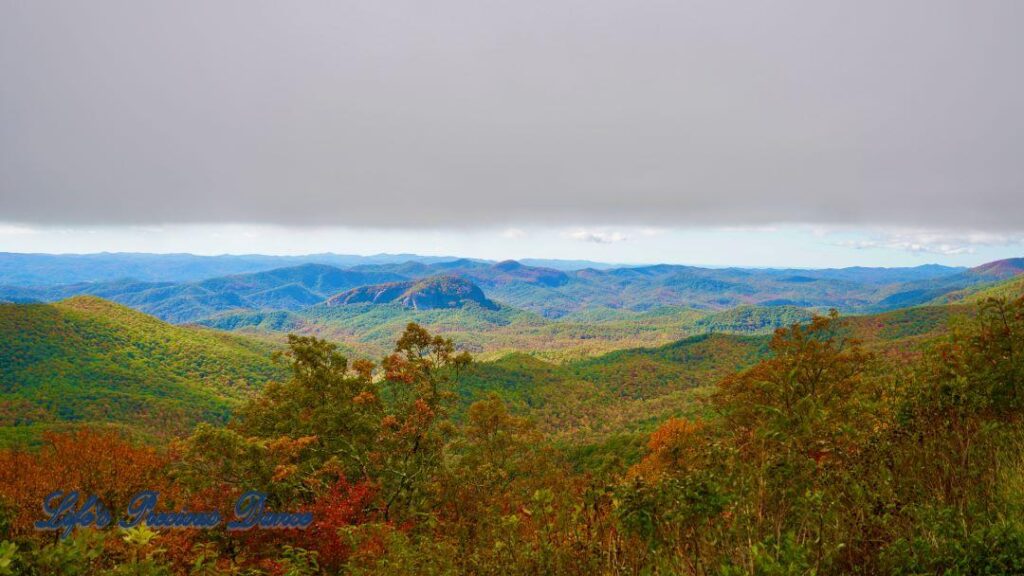 Landscape view of the colorful trees of the Blue Ridge Mountains. Overcast skies overhead.