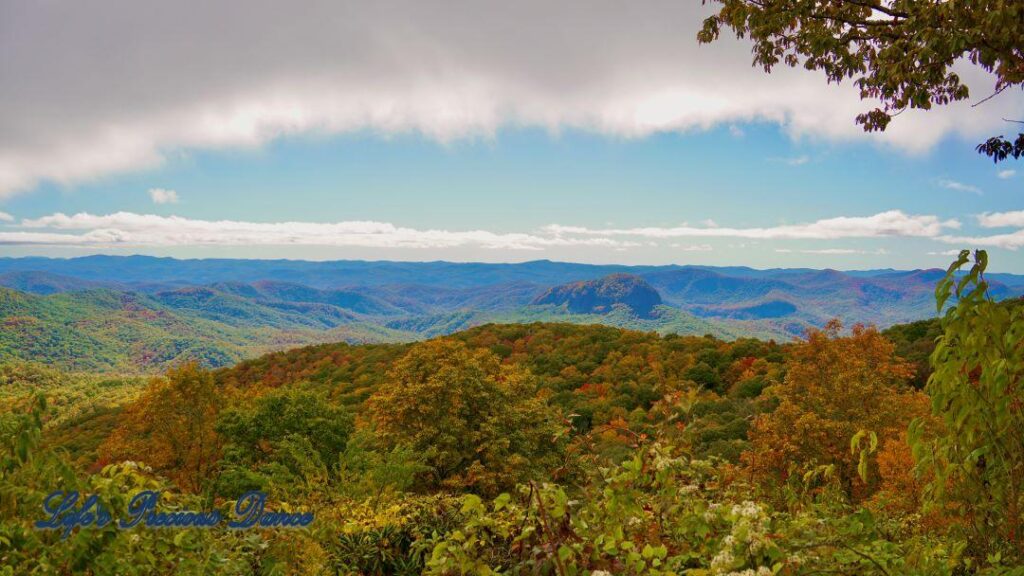 Landscape view of the colorful trees of the Blue Ridge Mountains. Overcast skies overhead.