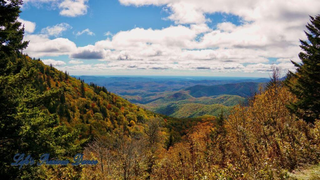 Landscape view of the colorful Blueridge mountains from Devil&#039;s Courthouse. Fluffy clouds overhead.