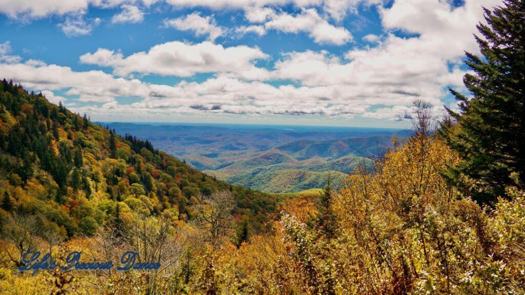 Landscape view of the colorful Blueridge mountains from Devil&#039;s Courthouse. Fluffy clouds overhead.