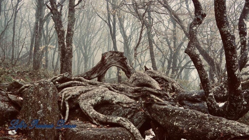 Black and white of above ground roots, growing over a rocks, with a window view of fog covered trees.