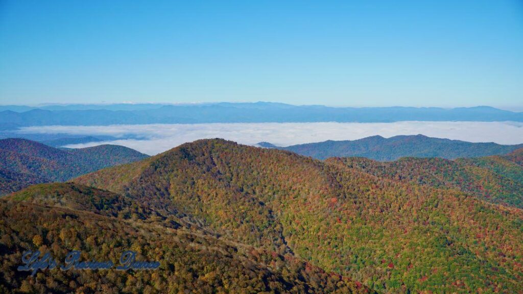 Landscape view of the Blueridge mountains with fog in the valley.