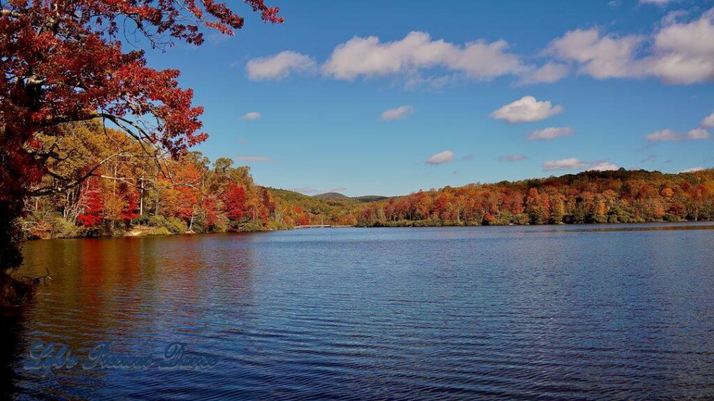 Landscape of Price Lake surrounded by colorful trees and fluffy passing clouds overhead.