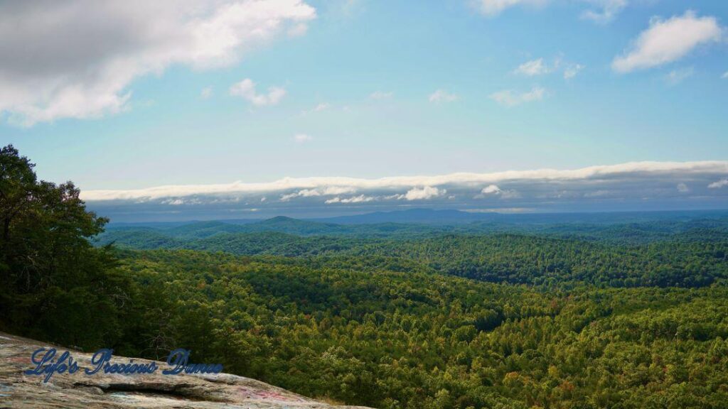 Landscape view of a valley of trees. Mountain peaks in the background and clouds up above.