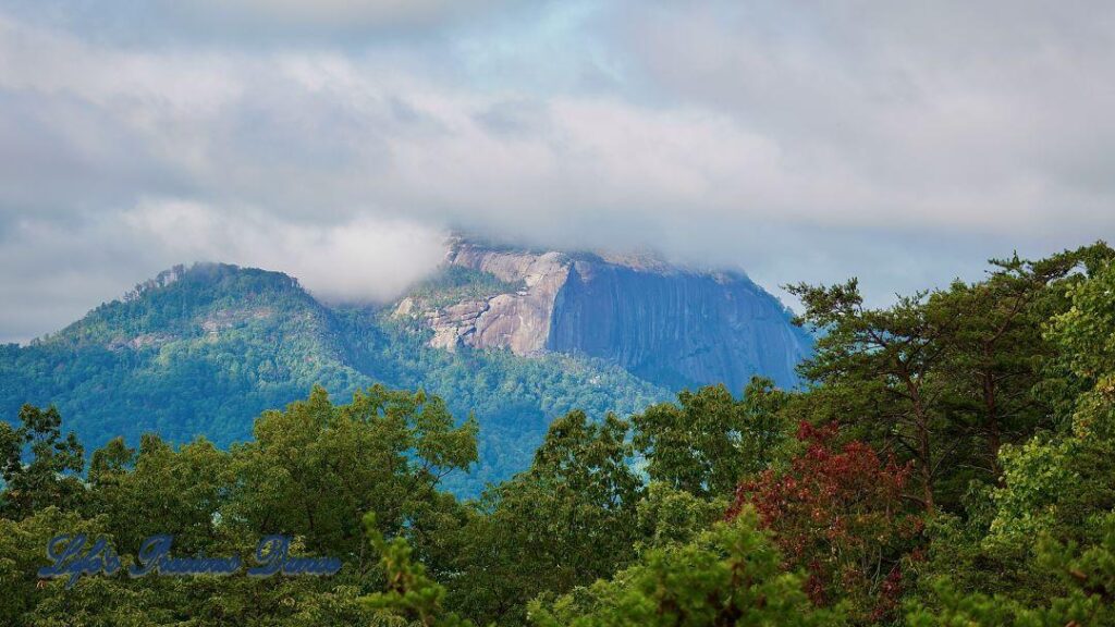 Landscape view of clouds surrounding the peak of Table Rock. Trees in the foreground.