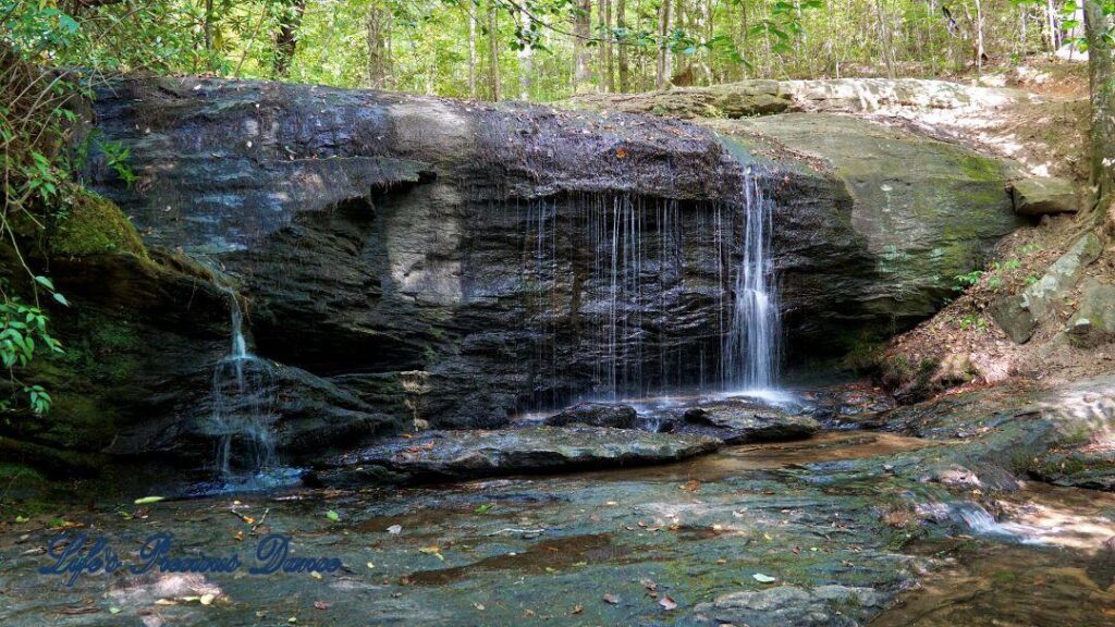 Waterfall spilling over a rock face into a mountain stream. Trees in the above background.