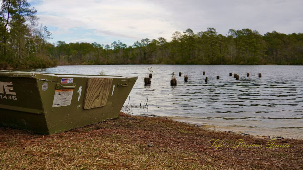 Ground level view of a rowboat resting on the shore of Sesquicentennial Lake